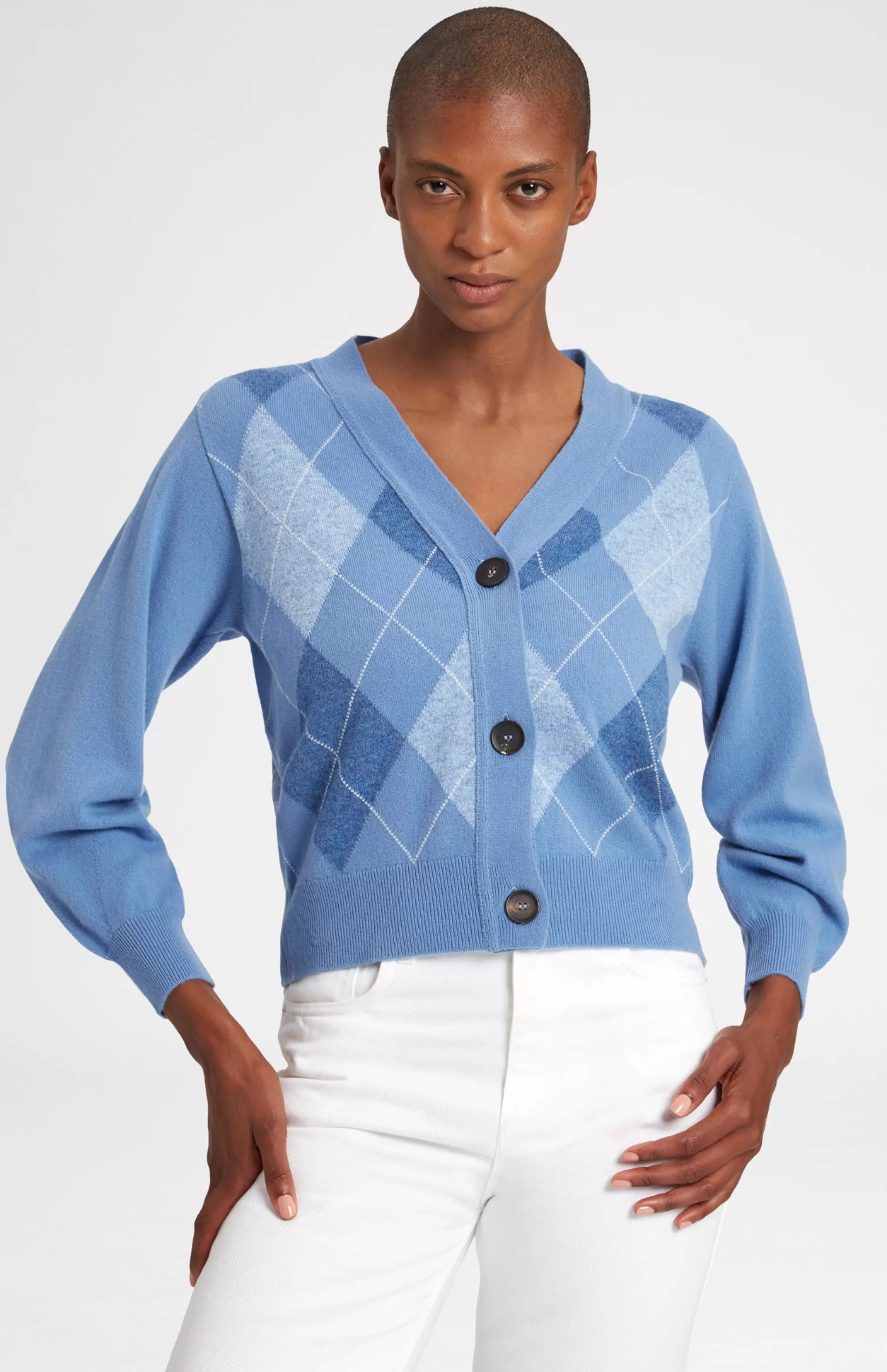 Cheap Argyle 3 Button Wool Cashmere Blend Cardigan In Bluestone And Sky Men/Women V Neck Knits