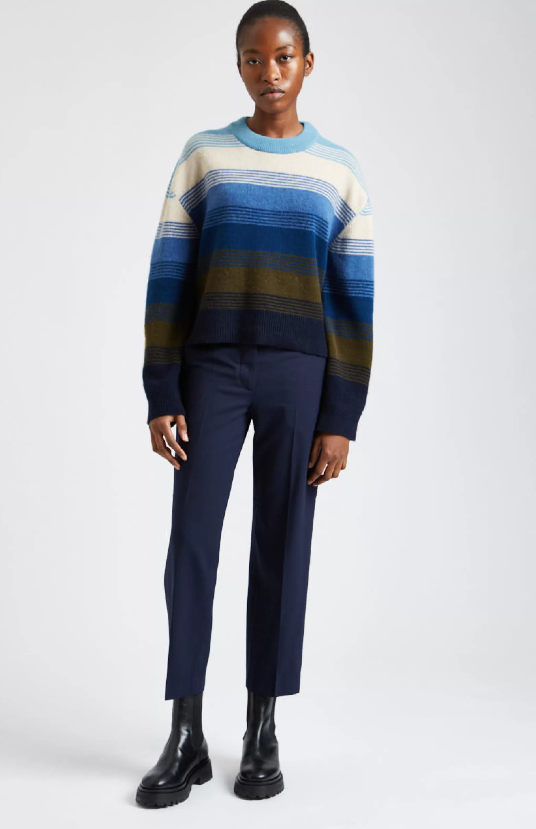 Hot Brushed Lambswool Jumper With Allover Stripe In Blue Smoke Men/Women Medium Weight Knits