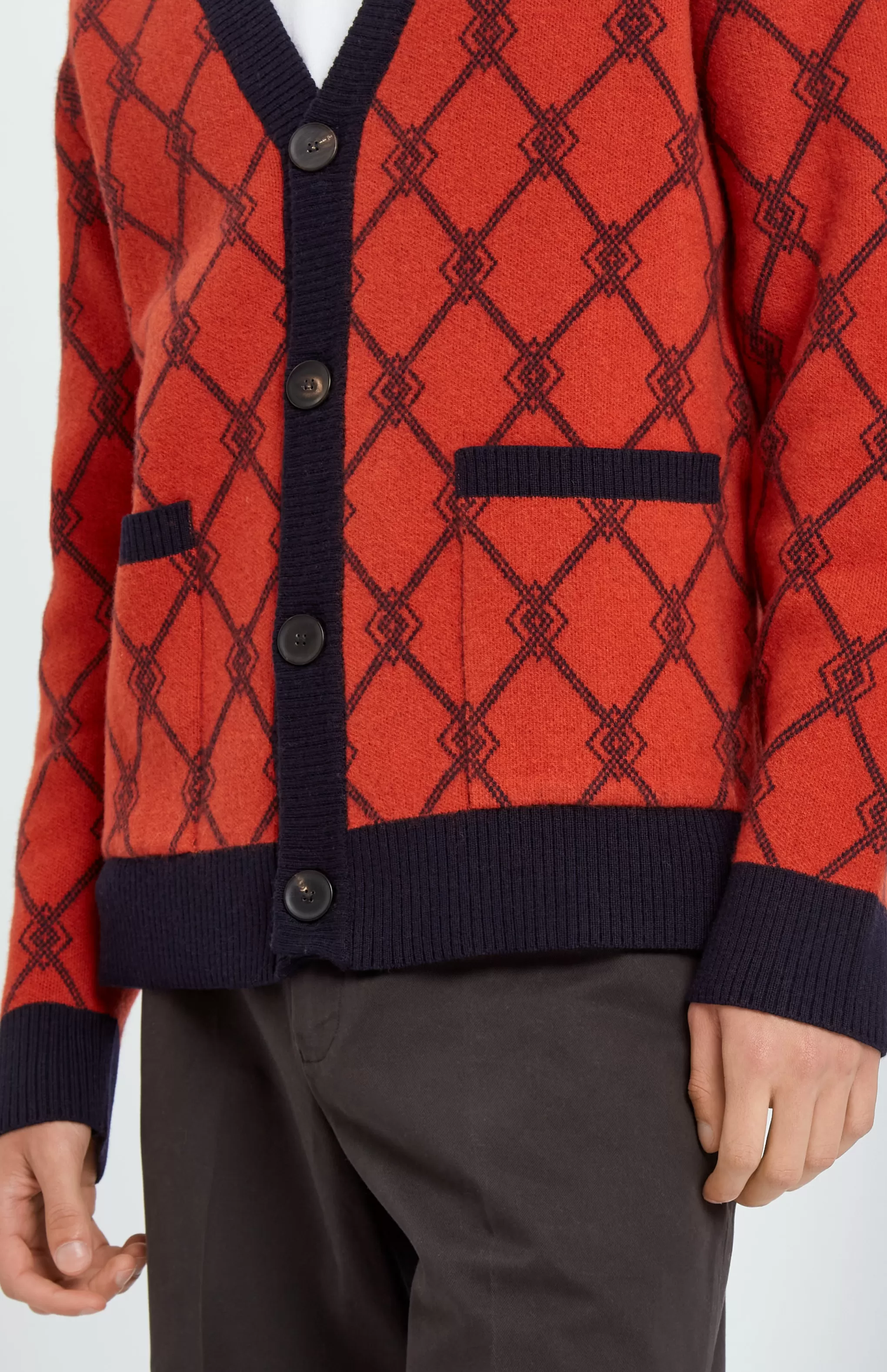 Fashion Cashmere Blend Monogram Jacquard Cardigan Jumper In Rust Red / Ink Men Cardigans