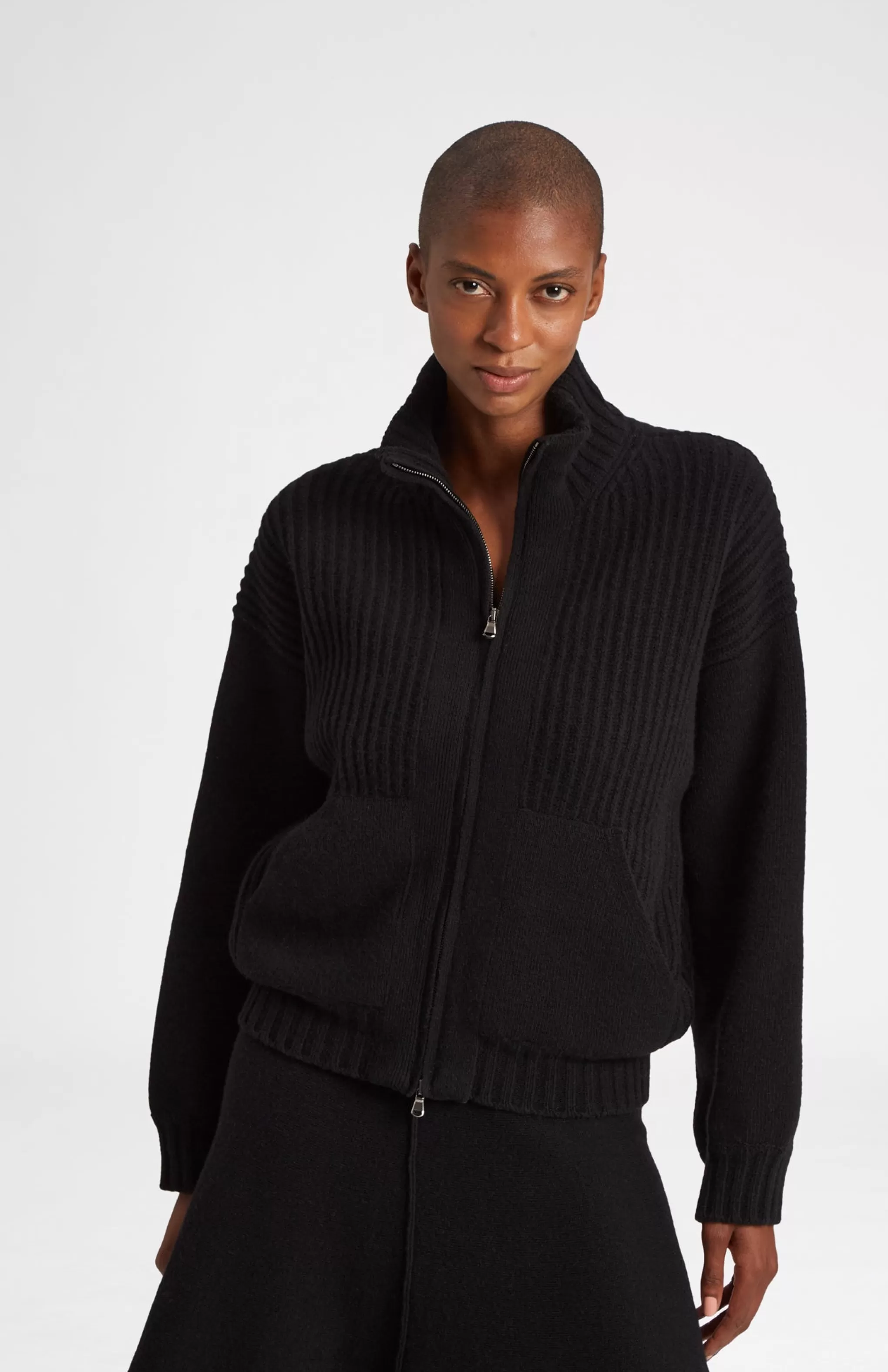Fashion Cashmere Blend Zip Thru Jacket In Black Men/Women High Neck Knits