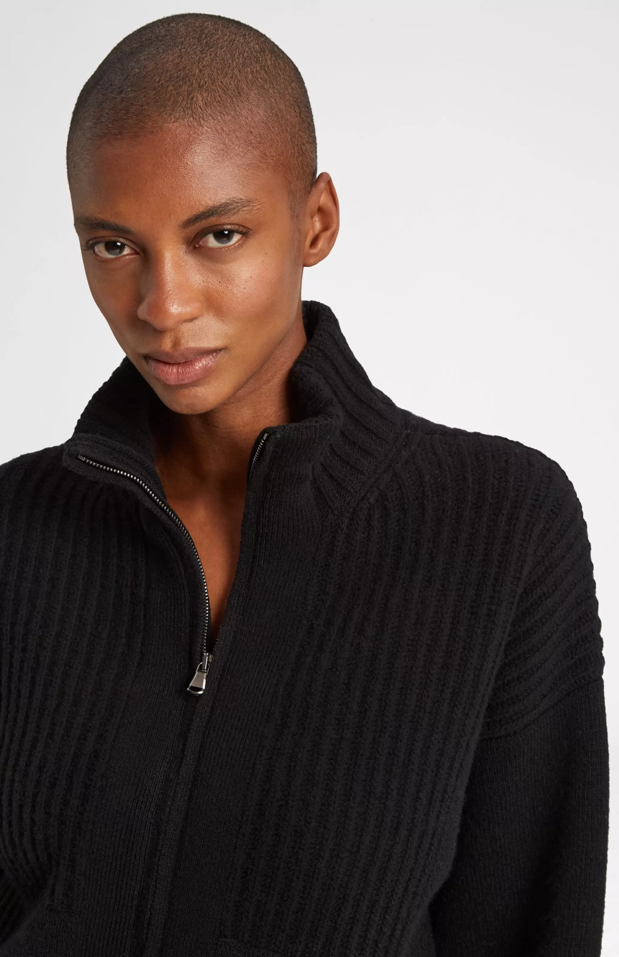 Fashion Cashmere Blend Zip Thru Jacket In Black Men/Women High Neck Knits