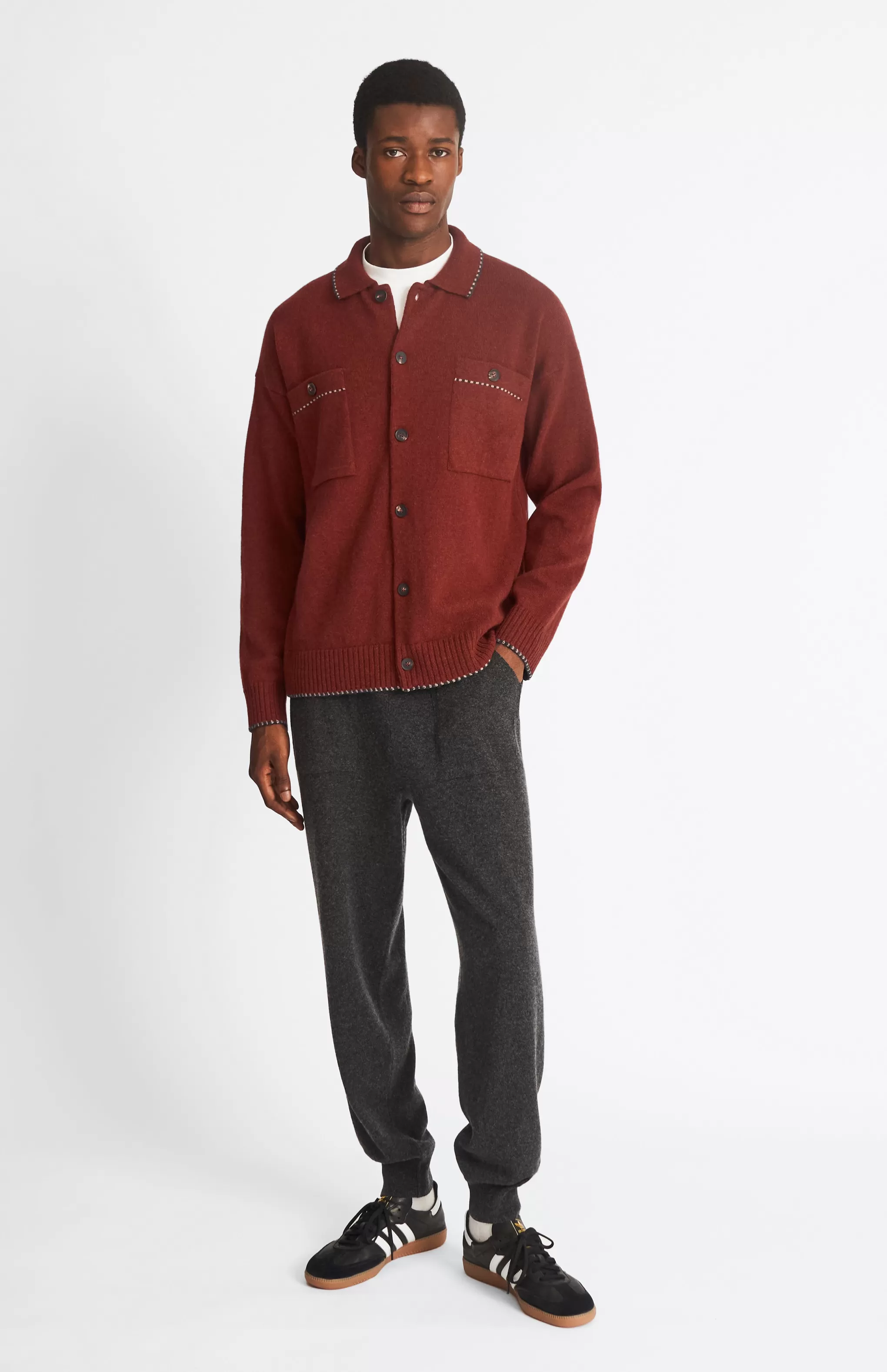New Knitted Lambswool Overshirt With Contrast Edging In In Rust Red/Cobble Men Gifts for Men