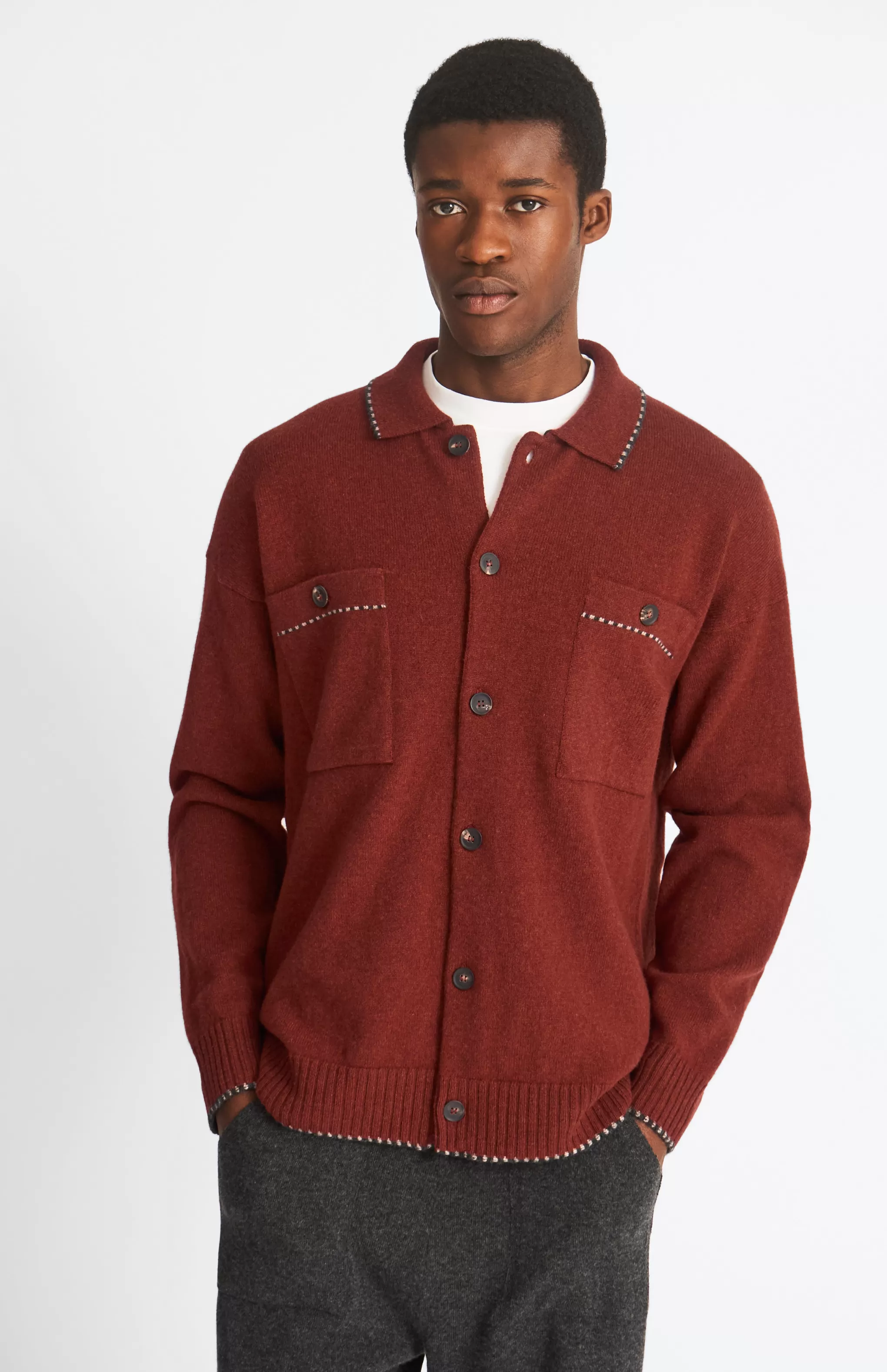 New Knitted Lambswool Overshirt With Contrast Edging In In Rust Red/Cobble Men Gifts for Men