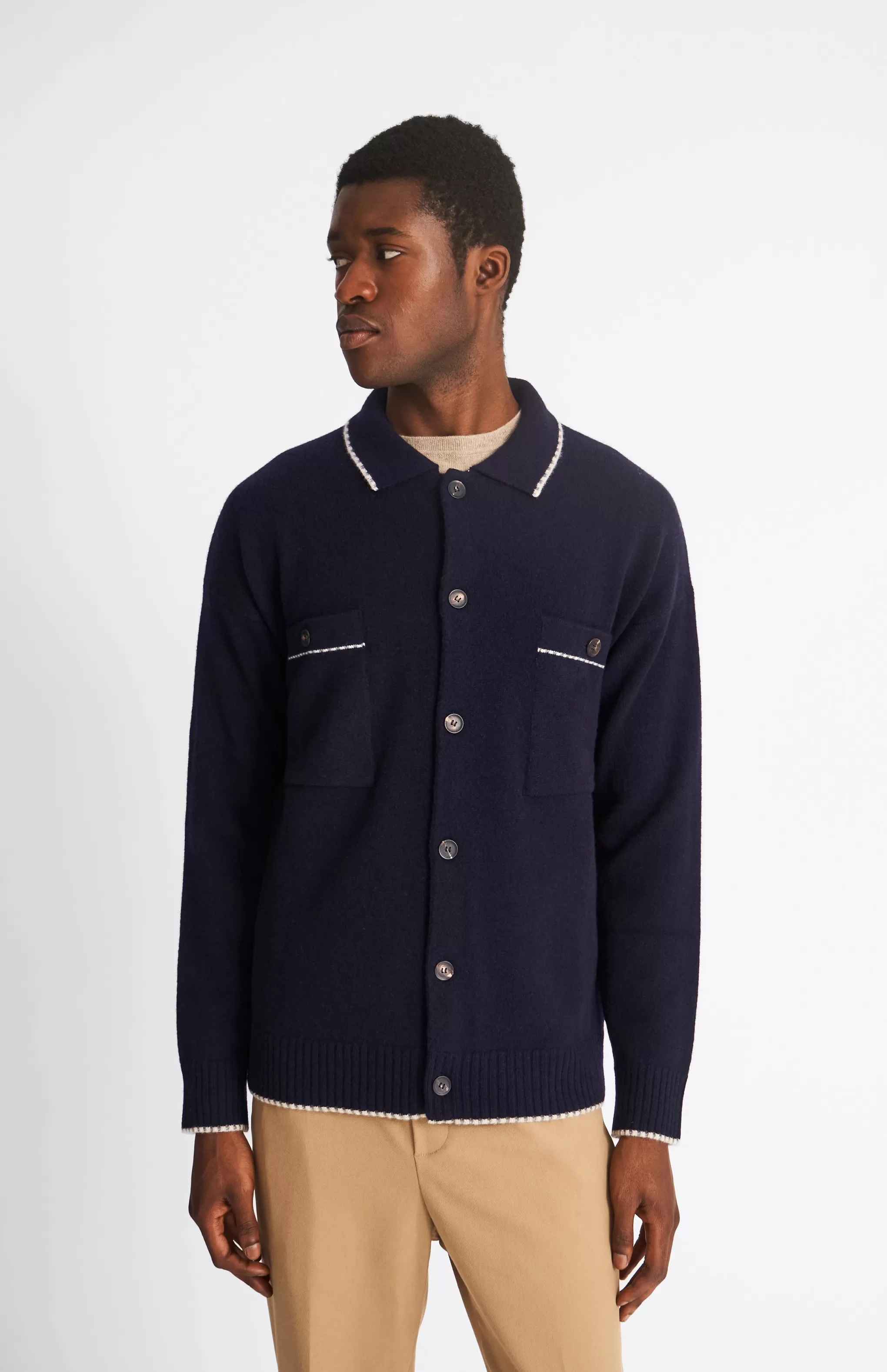 Best Knitted Lambswool Overshirt With Contrast Edging In Navy / Grey Mix Men Medium Weight Knits