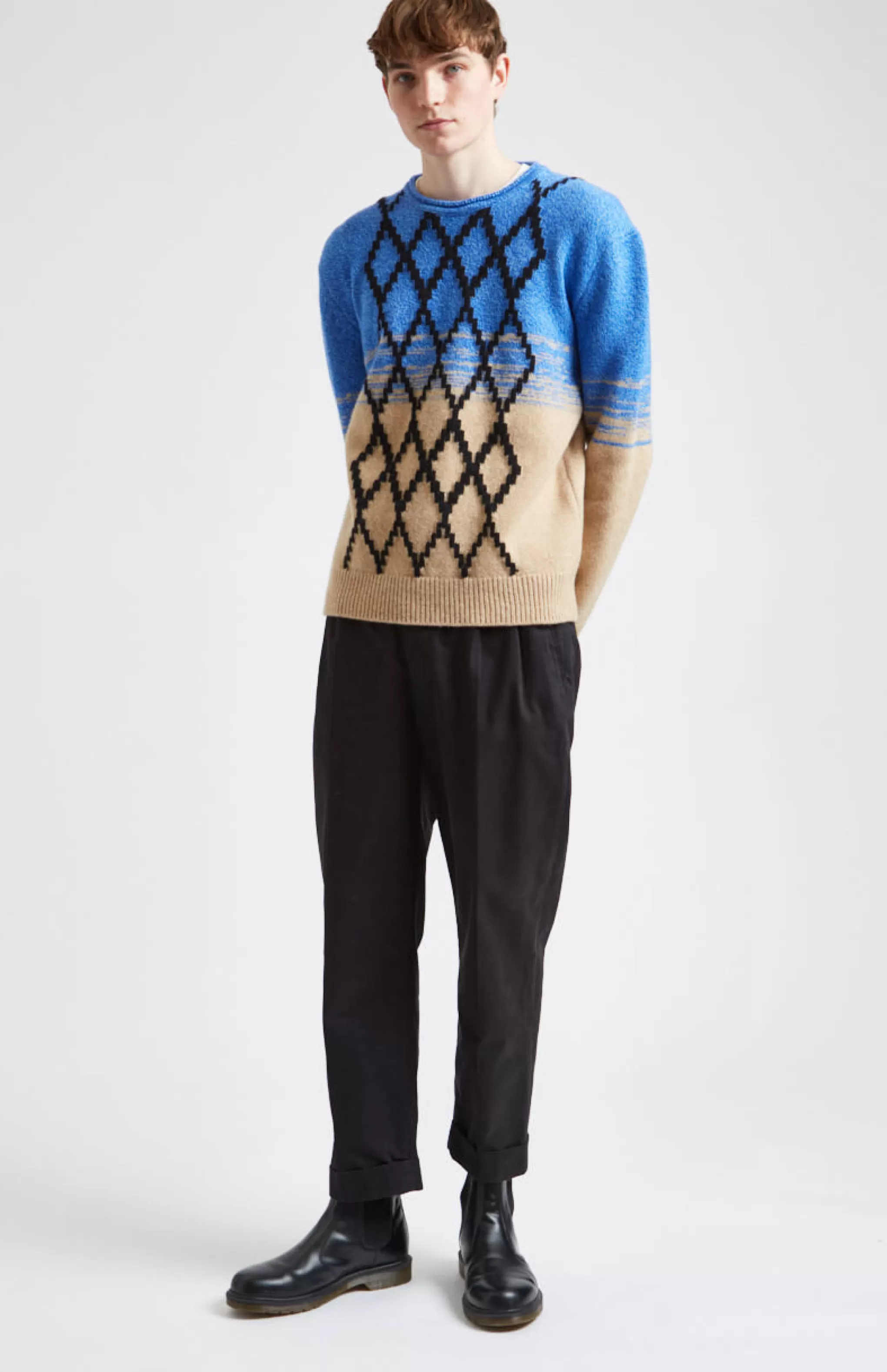 Online Lambswool Round Neck Jumper With Argyle Pattern And Degrade Effect In Cobalt And Camel Men Heavy Weight Knits