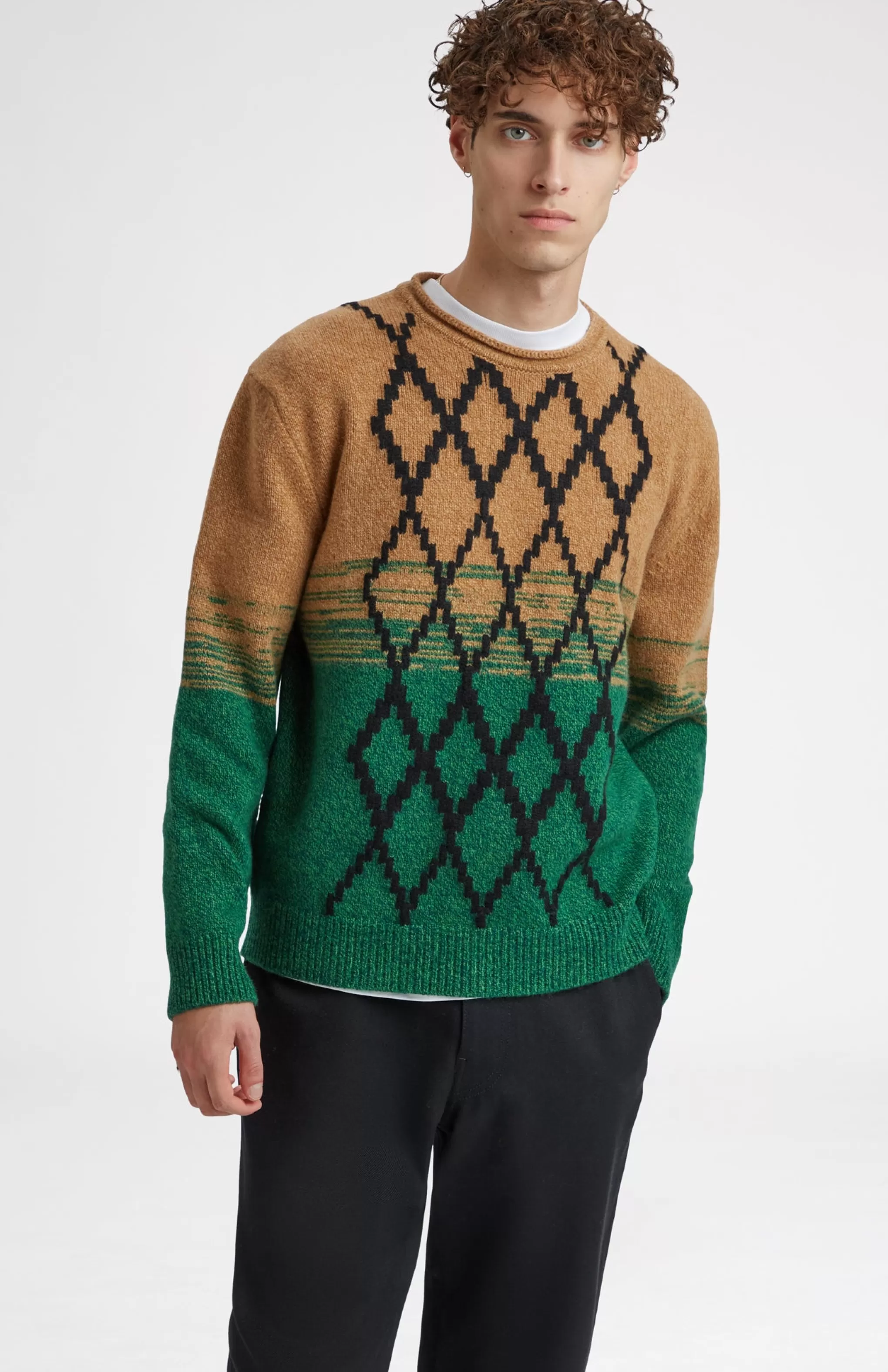 Outlet Lambswool Round Neck Jumper With Argyle Pattern And Degrade Effect In Vicuna And Evergreen Men Heavy Weight Knits