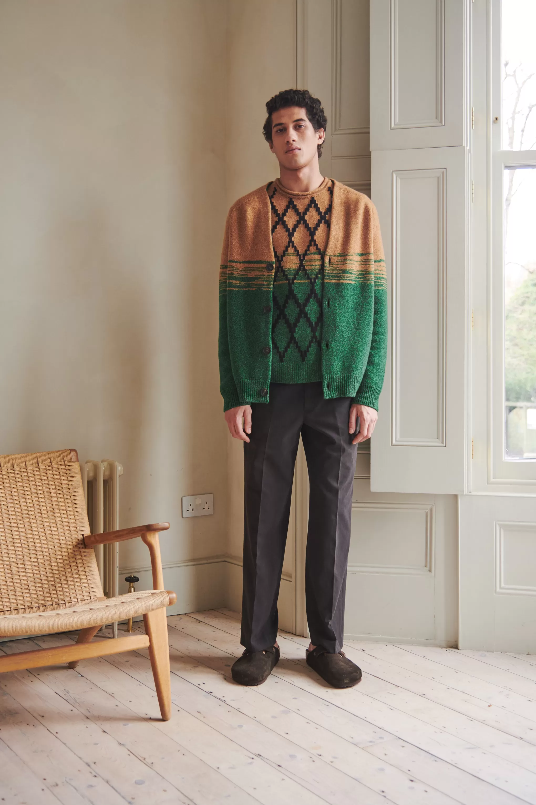 Outlet Lambswool Round Neck Jumper With Argyle Pattern And Degrade Effect In Vicuna And Evergreen Men Heavy Weight Knits
