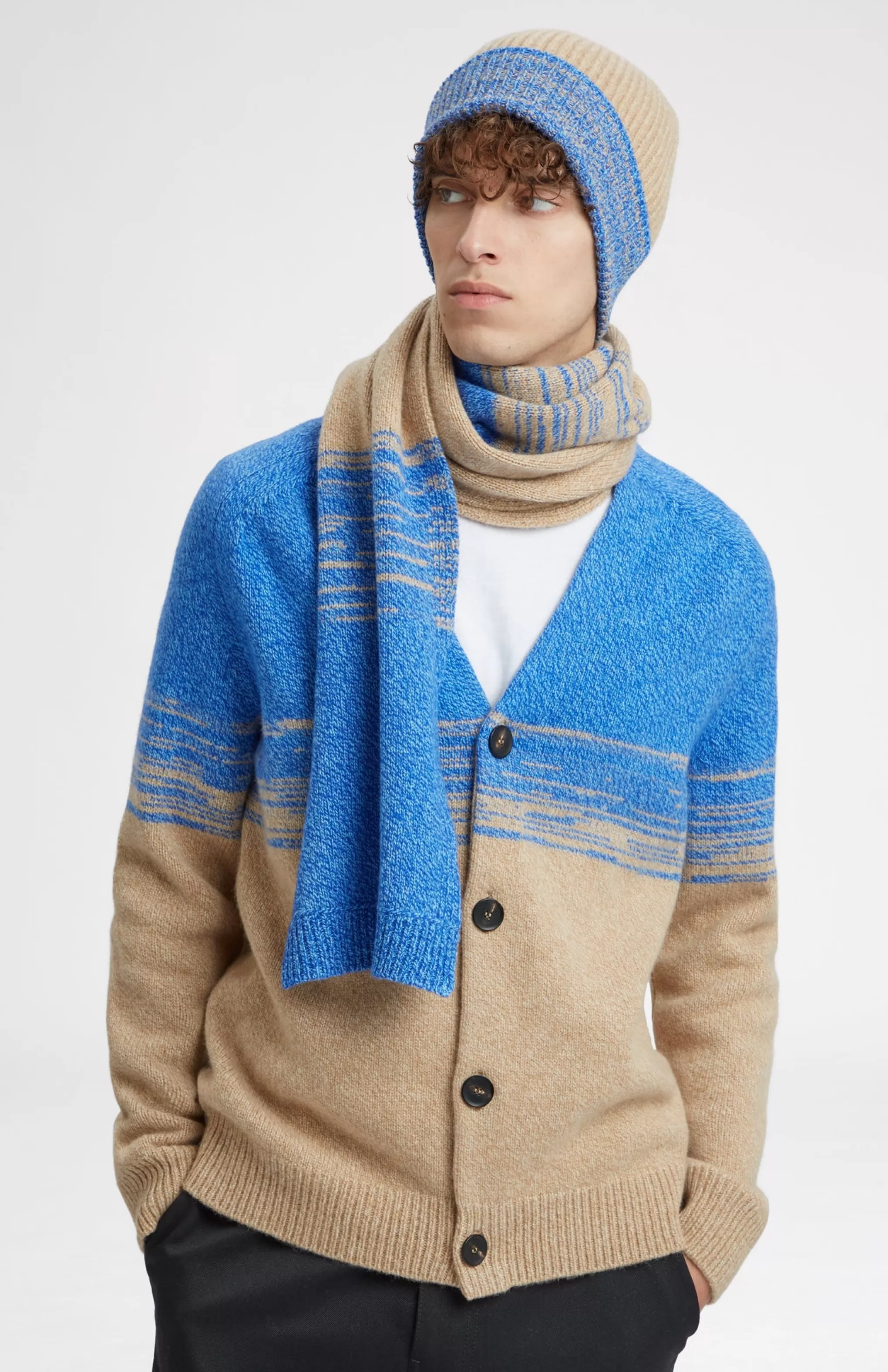 Cheap Men's Lambswool Beanie With A Mouline Degrade Effect In Cobalt And Camel Men Hats