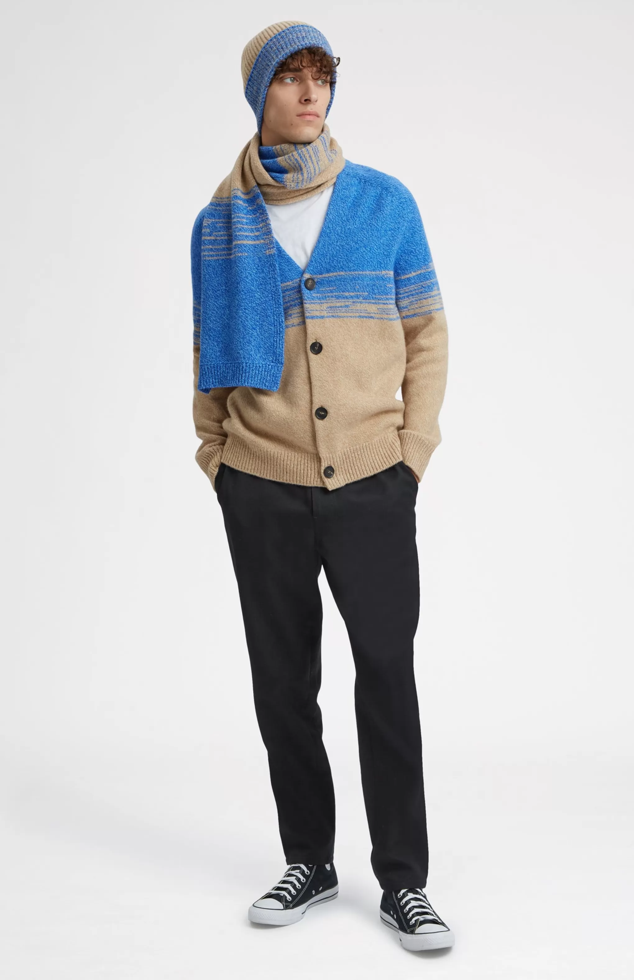 Clearance Men's Lambswool Scarf With A Mouline Degrade Effect In Cobalt And Camel Men Scarves