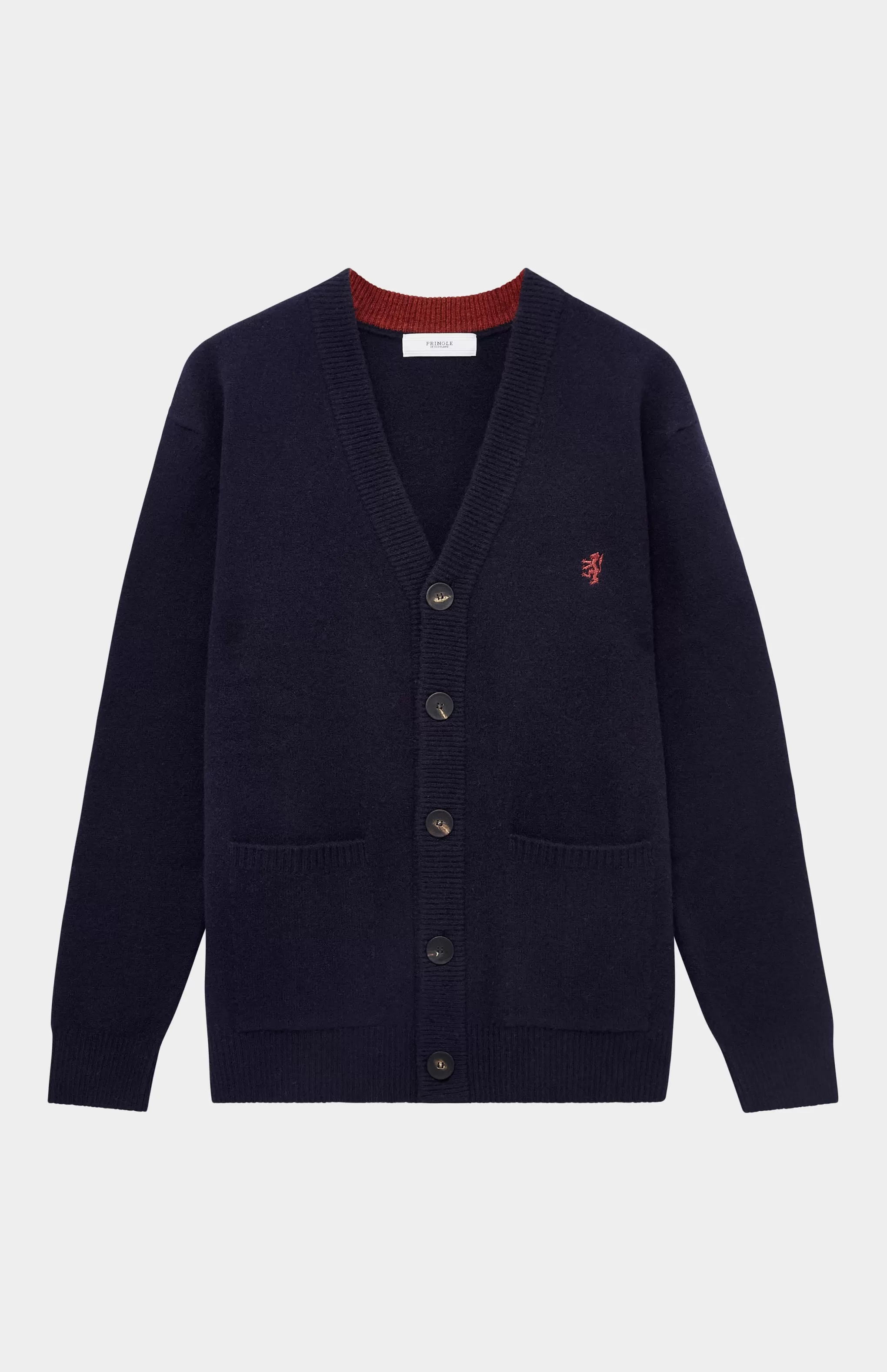 Clearance Men's Lambswool V Neck Cardigan In Navy / Rust Red Men Jumpers