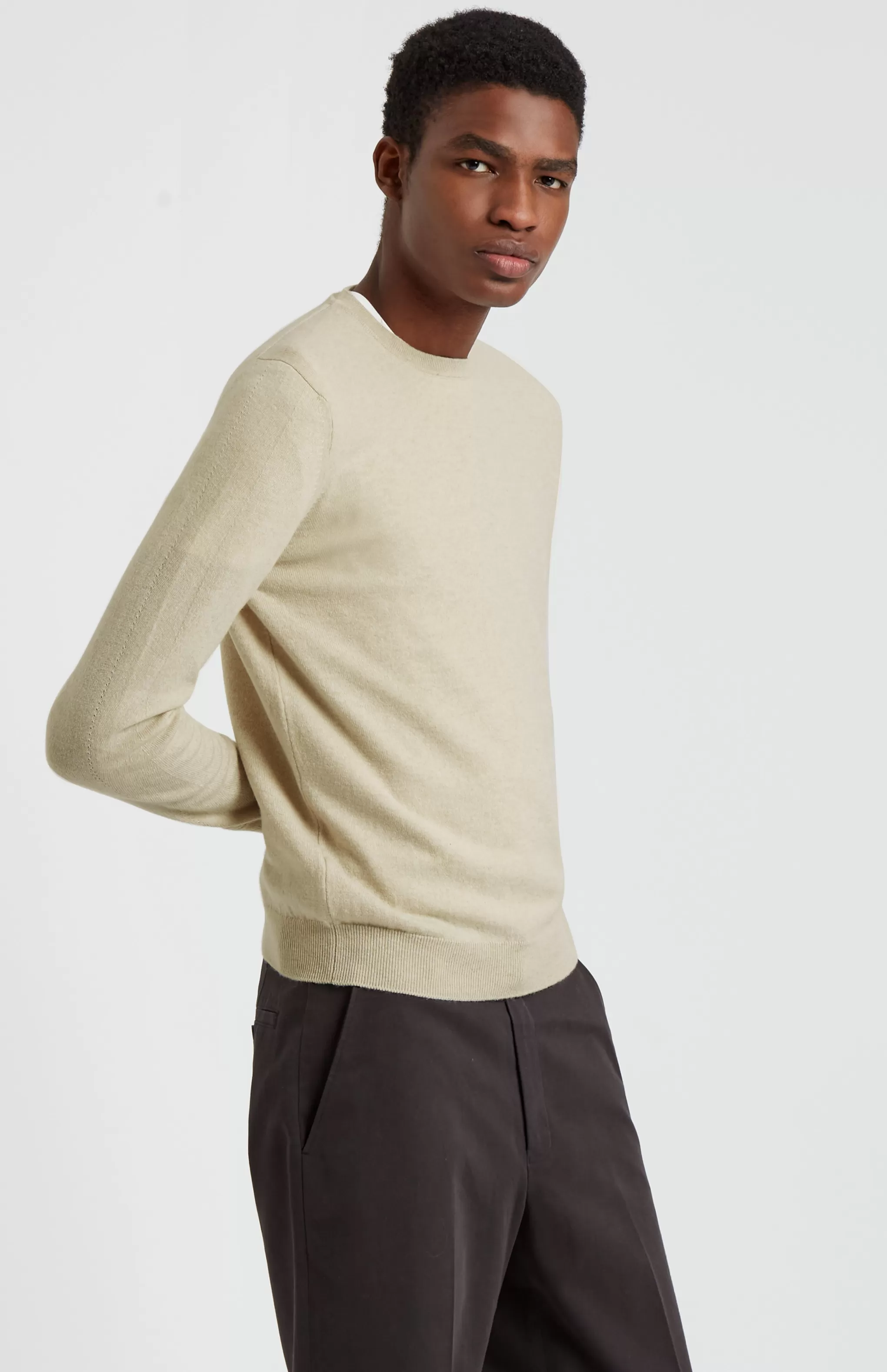 Discount Men's Round Neck Cashmere Jumper In Light Natural Men Round Neck Knits