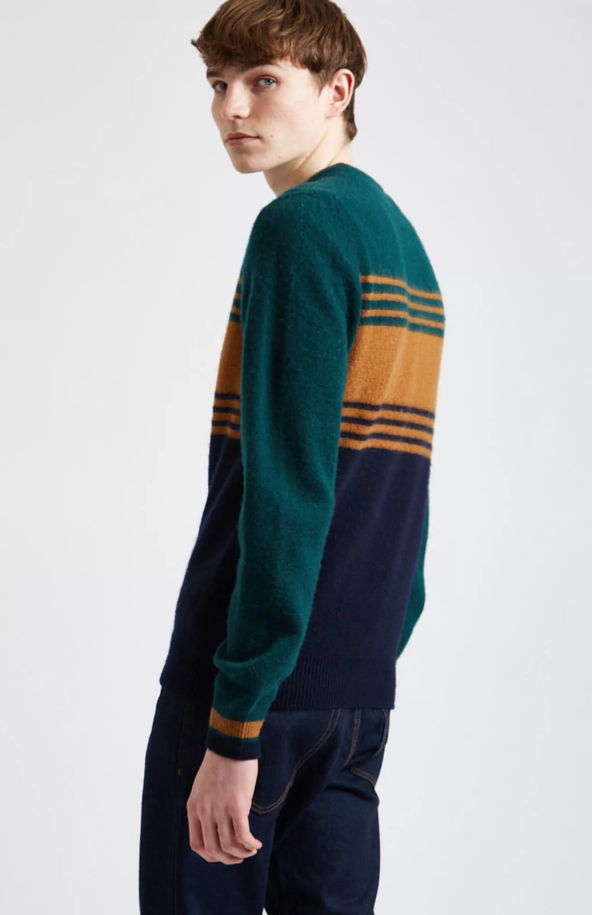 Best Sale Multicolour Stripe Round Neck Brushed Lambswool Jumper Men Made in Scotland