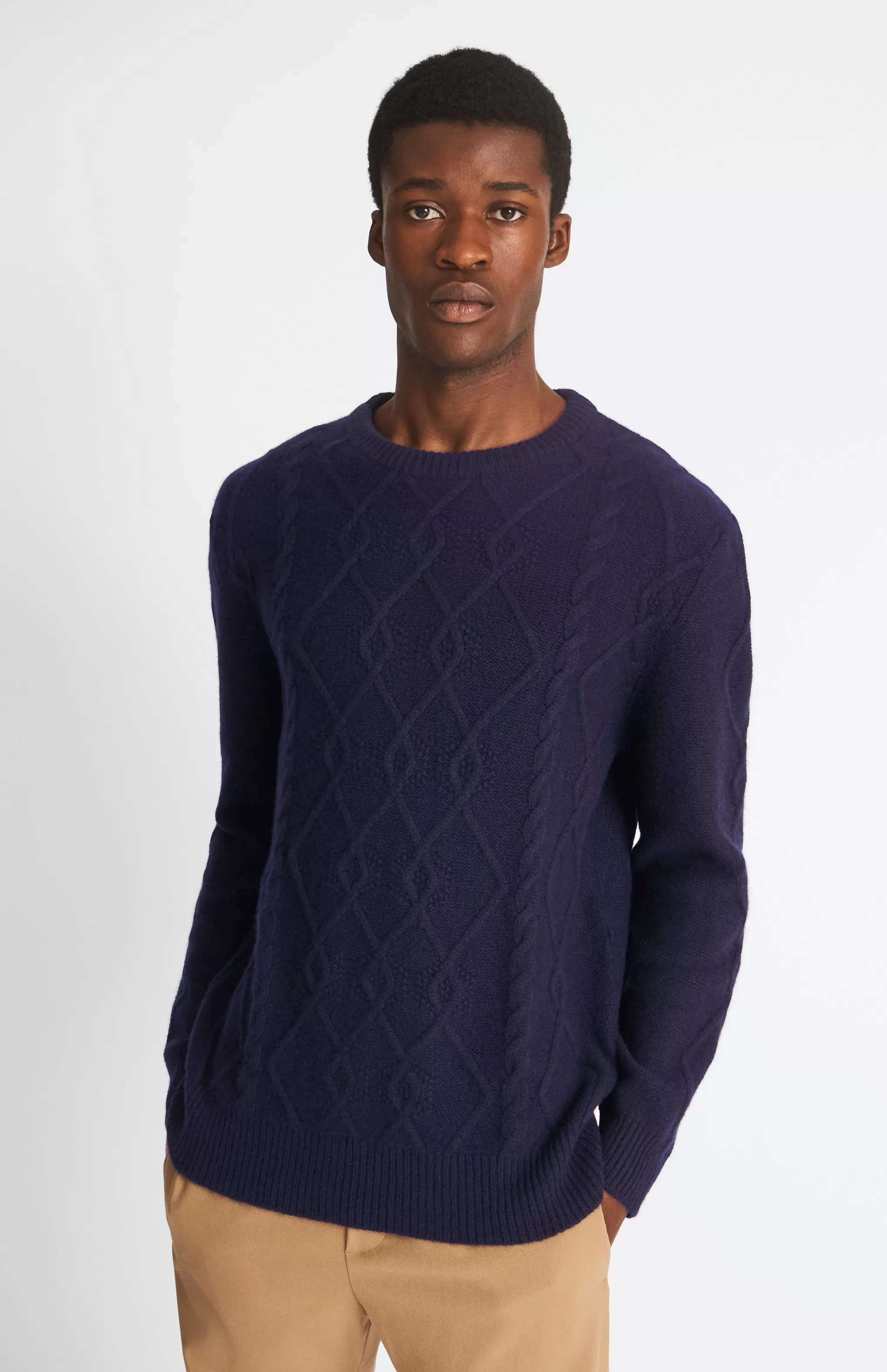 Cheap Round Neck Cable Stitch Cashmere Jumper In In Ink Men Round Neck Knits