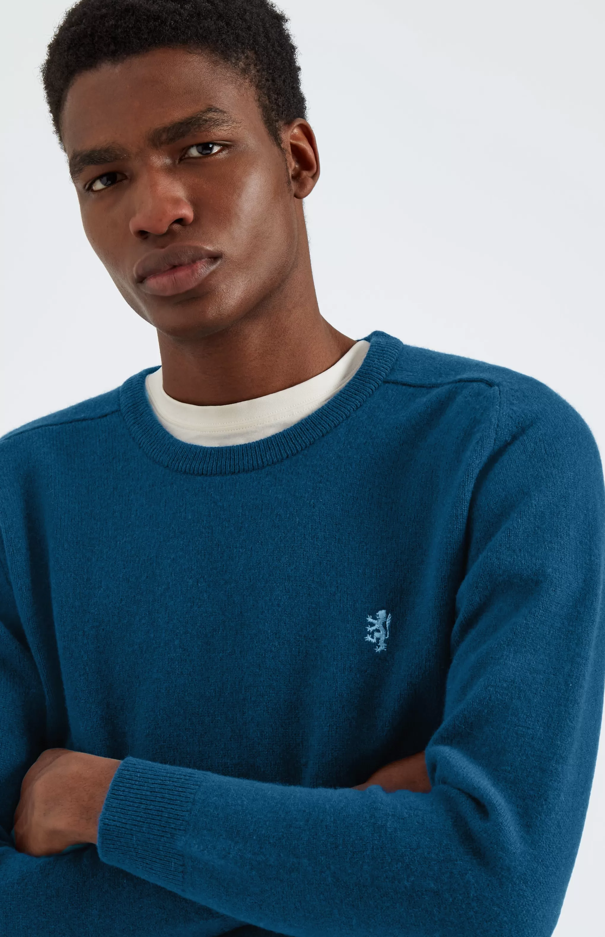 Outlet Round Neck Lion Lambswool Jumper In Ink / Azure Men Round Neck Knits