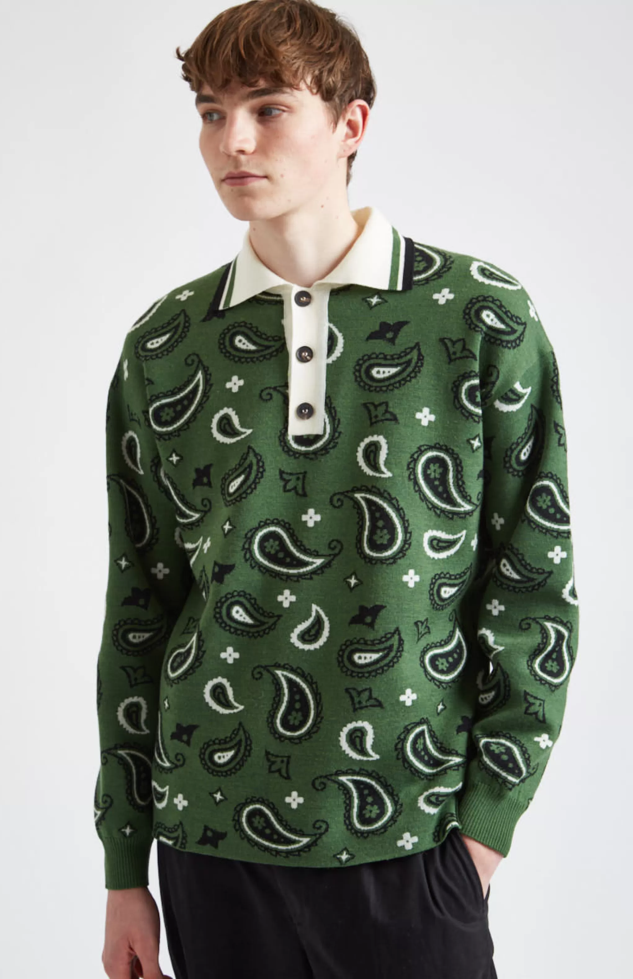 Discount Shirt Neck Merino Jumper With Paisley Birdseye Jacquard In Emerald Men Polo Shirts