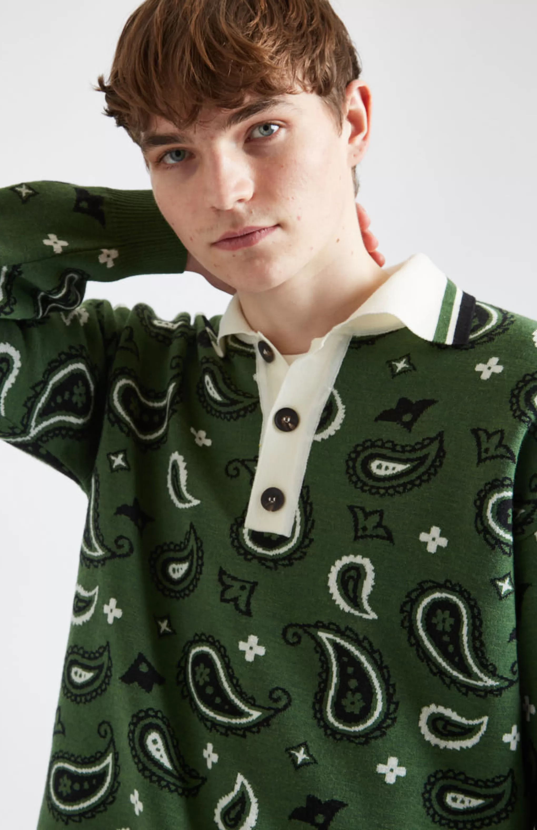 Discount Shirt Neck Merino Jumper With Paisley Birdseye Jacquard In Emerald Men Polo Shirts