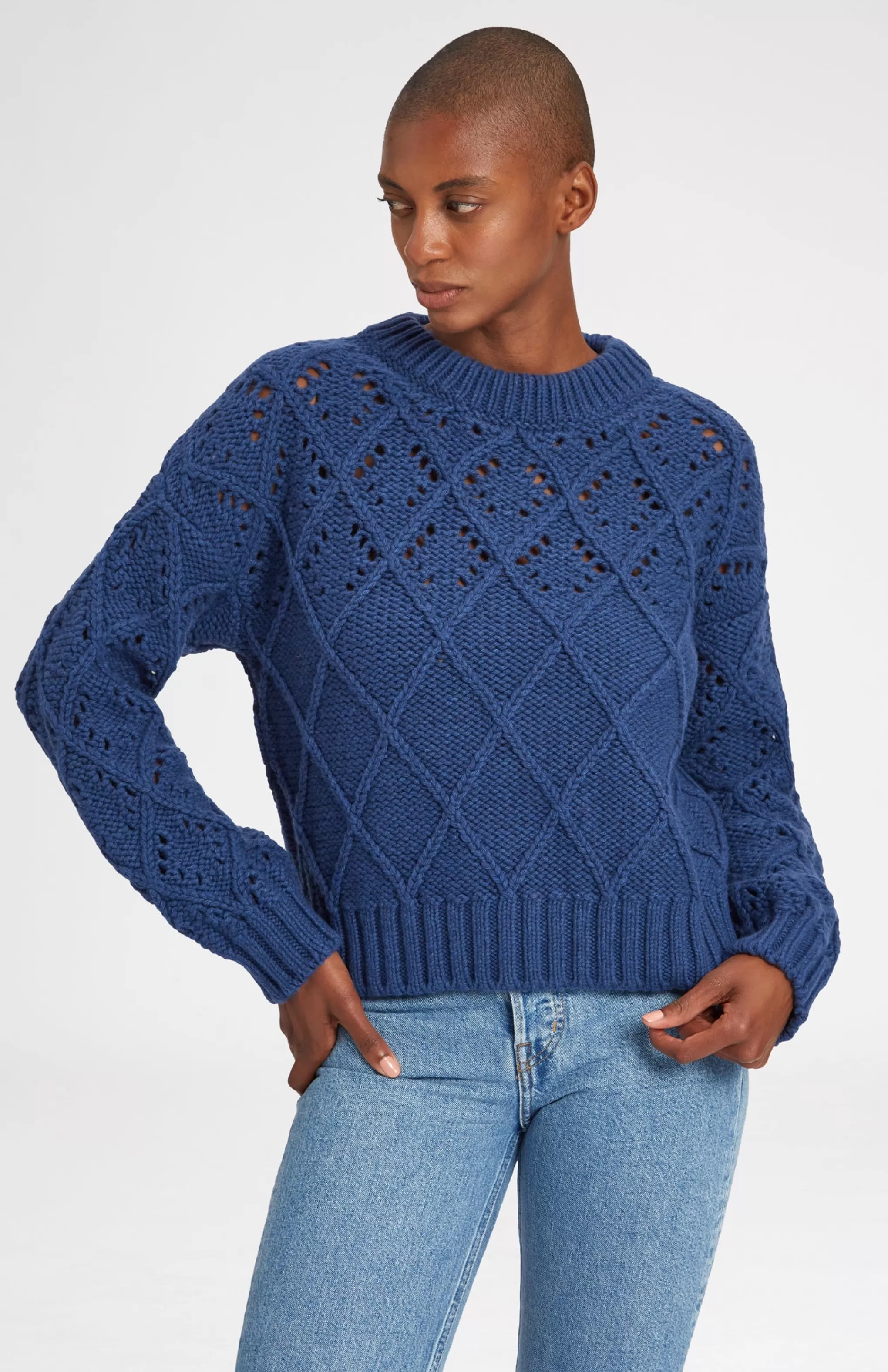 Clearance Superfine Wool Jumper With Allover Diamond Pattern In Storm Blue Men/Women Heavy Weight Knits