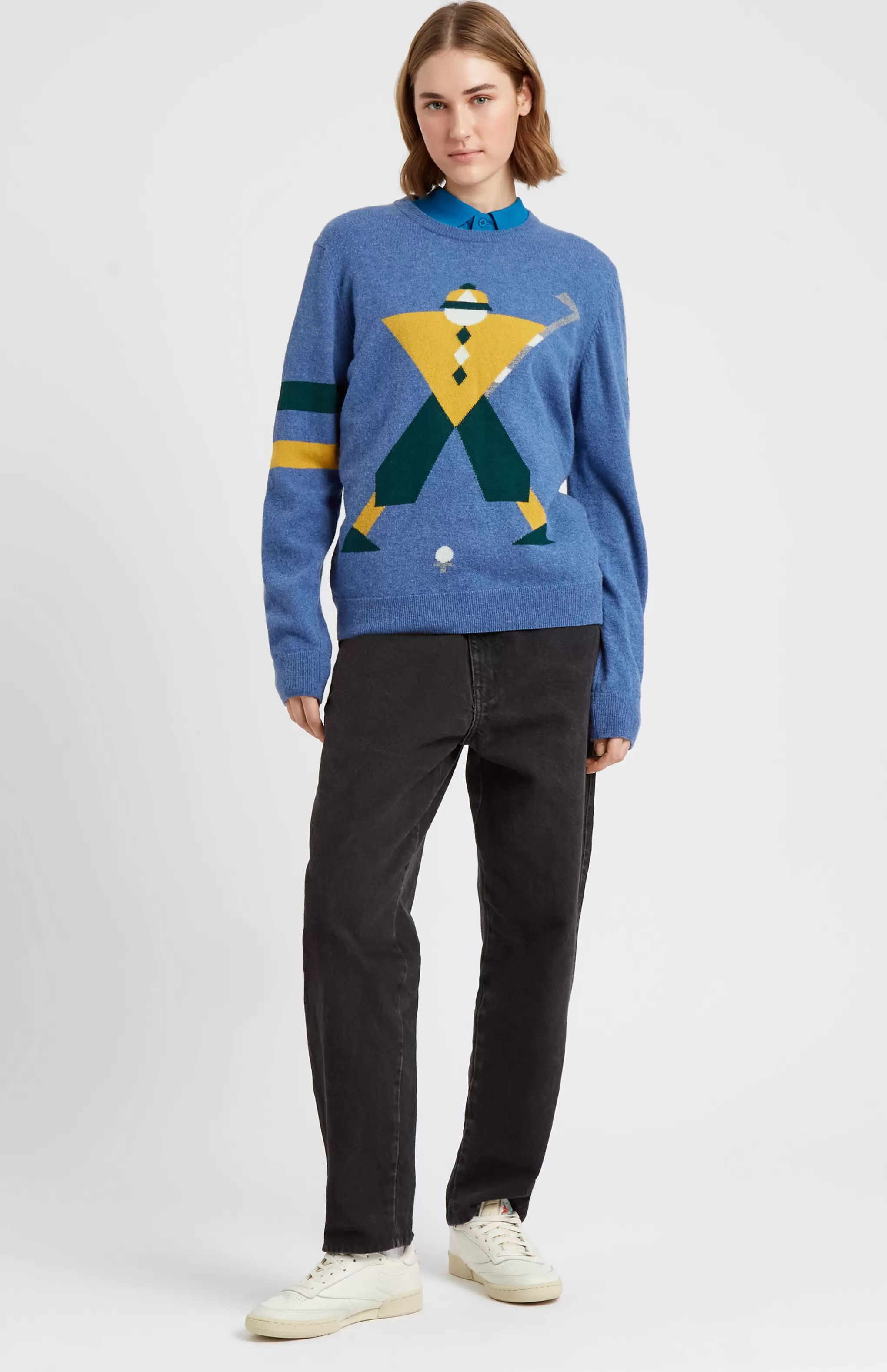 Clearance Unisex Round Neck Geometric George Golf Jumper In Denim. Men Pringle Heritage Unisex Collections