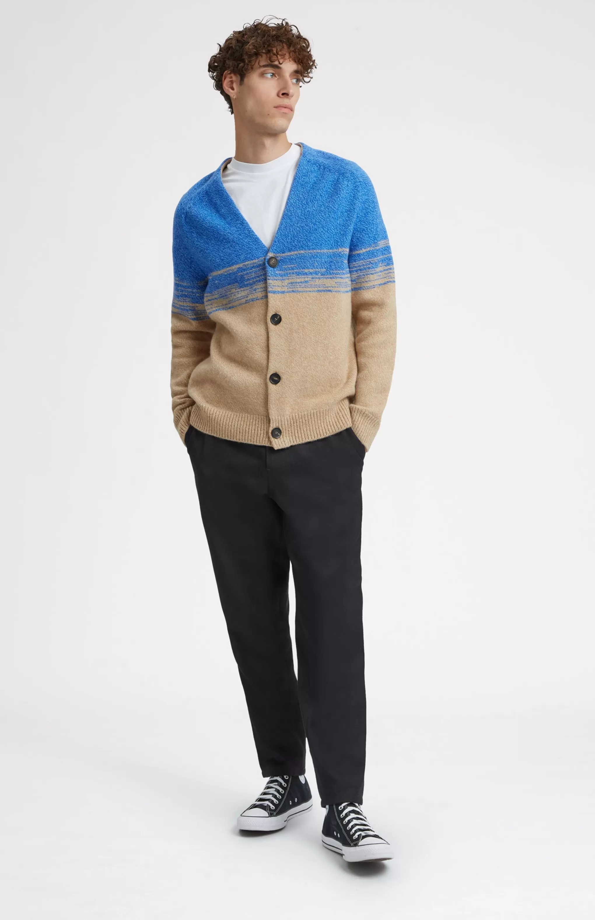 Flash Sale V Neck Lambswool Cardigan With Degrade Effect In Cobalt And Camel Men Heavy Weight Knits