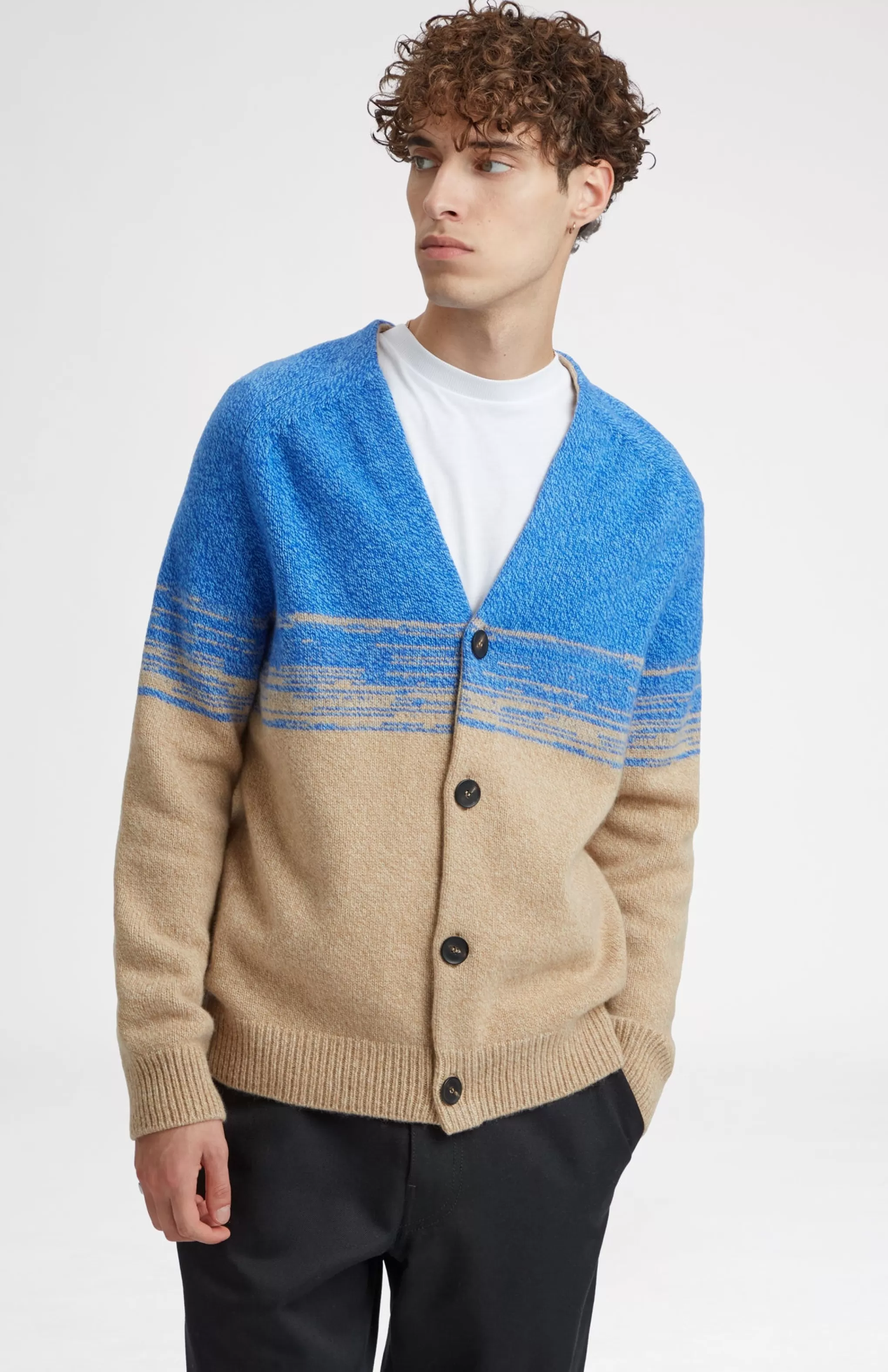 Flash Sale V Neck Lambswool Cardigan With Degrade Effect In Cobalt And Camel Men Medium Weight Knits