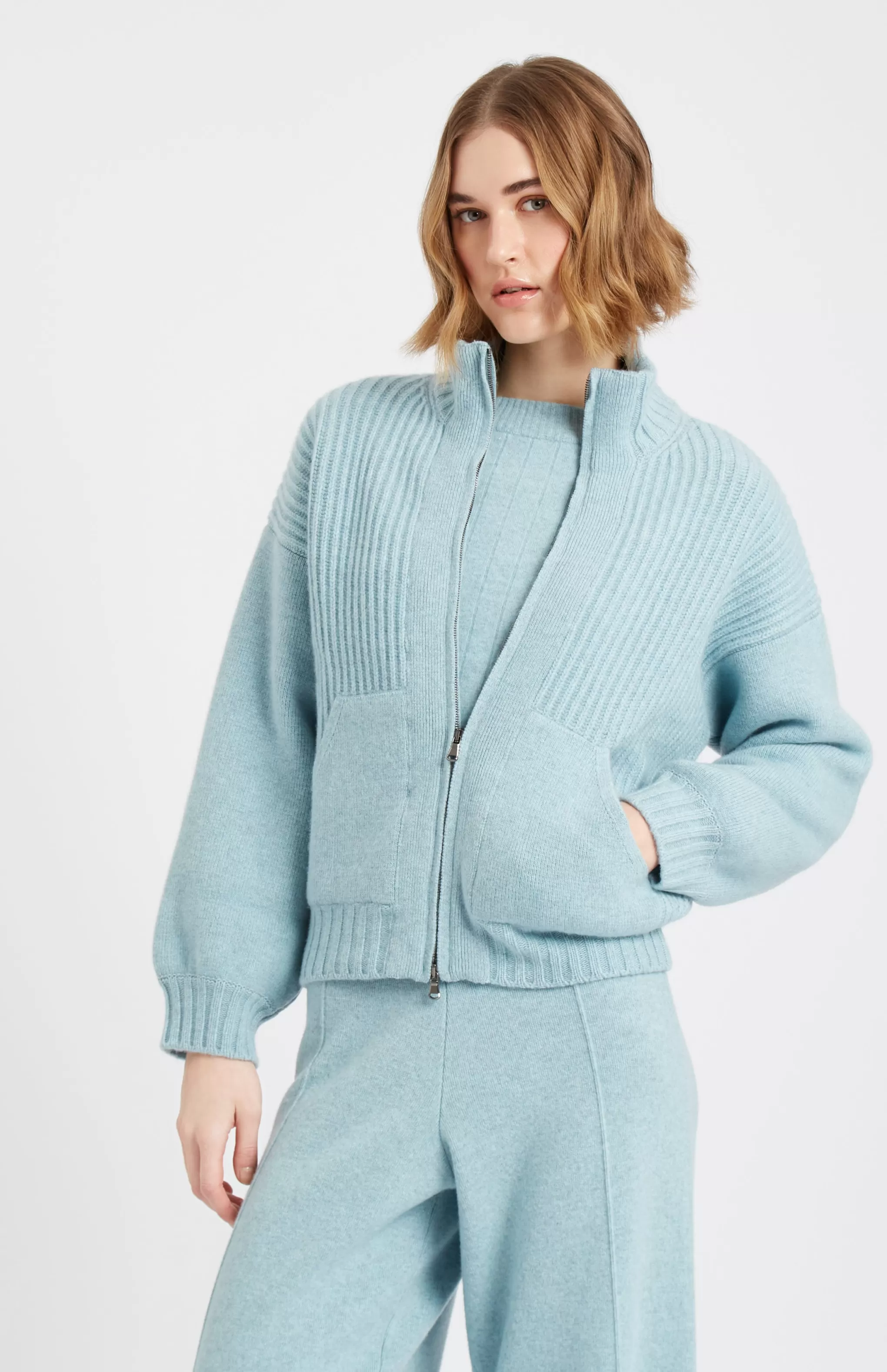 Best Sale Women's Cashmere Blend Zip Thru Jacket In Aqua Melange Men/Women Lambswool
