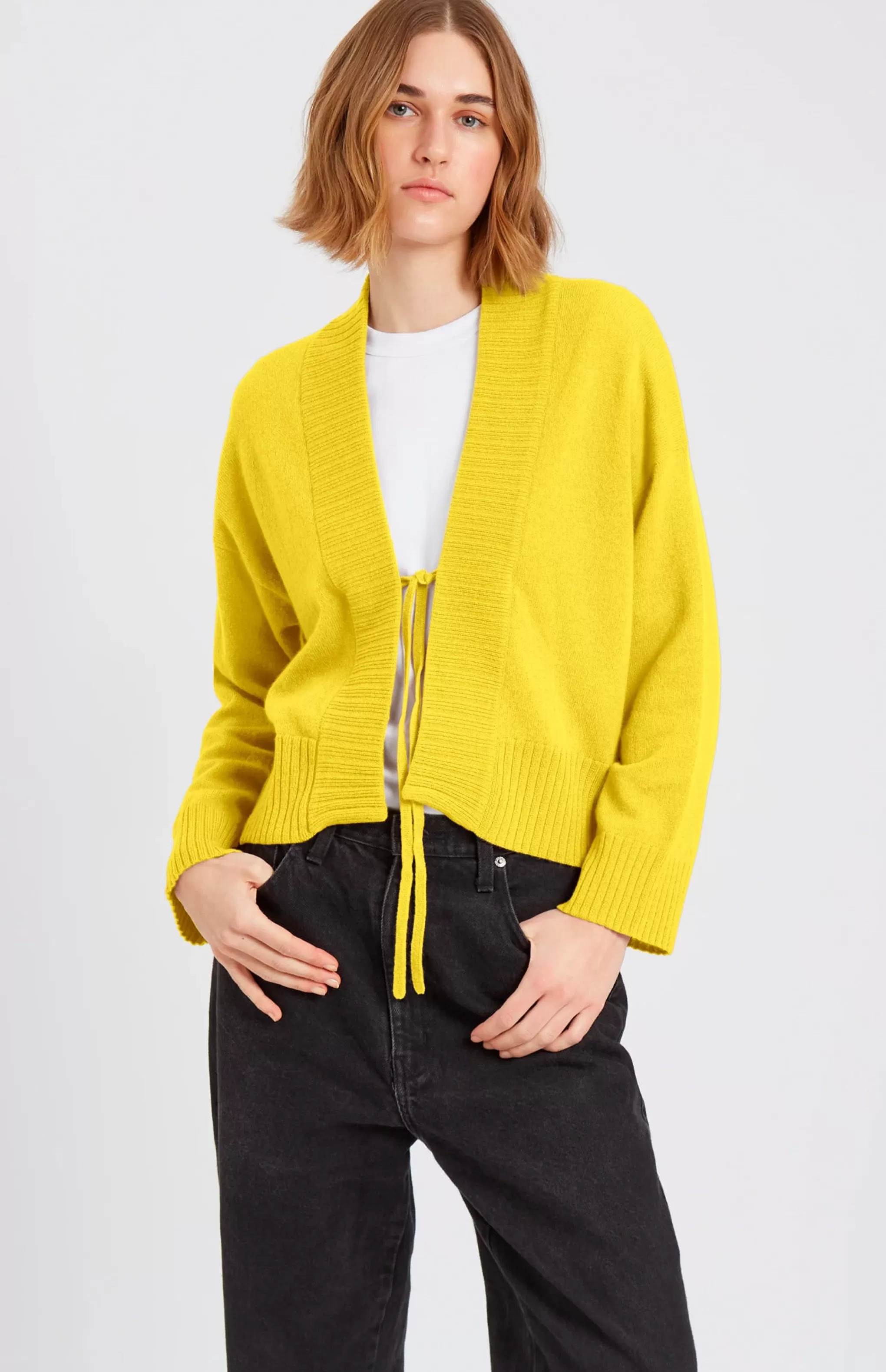 Clearance Women's Lightweight Cashmere Open Cardigan With Tie In Bright Yellow Men/Women Cardigans